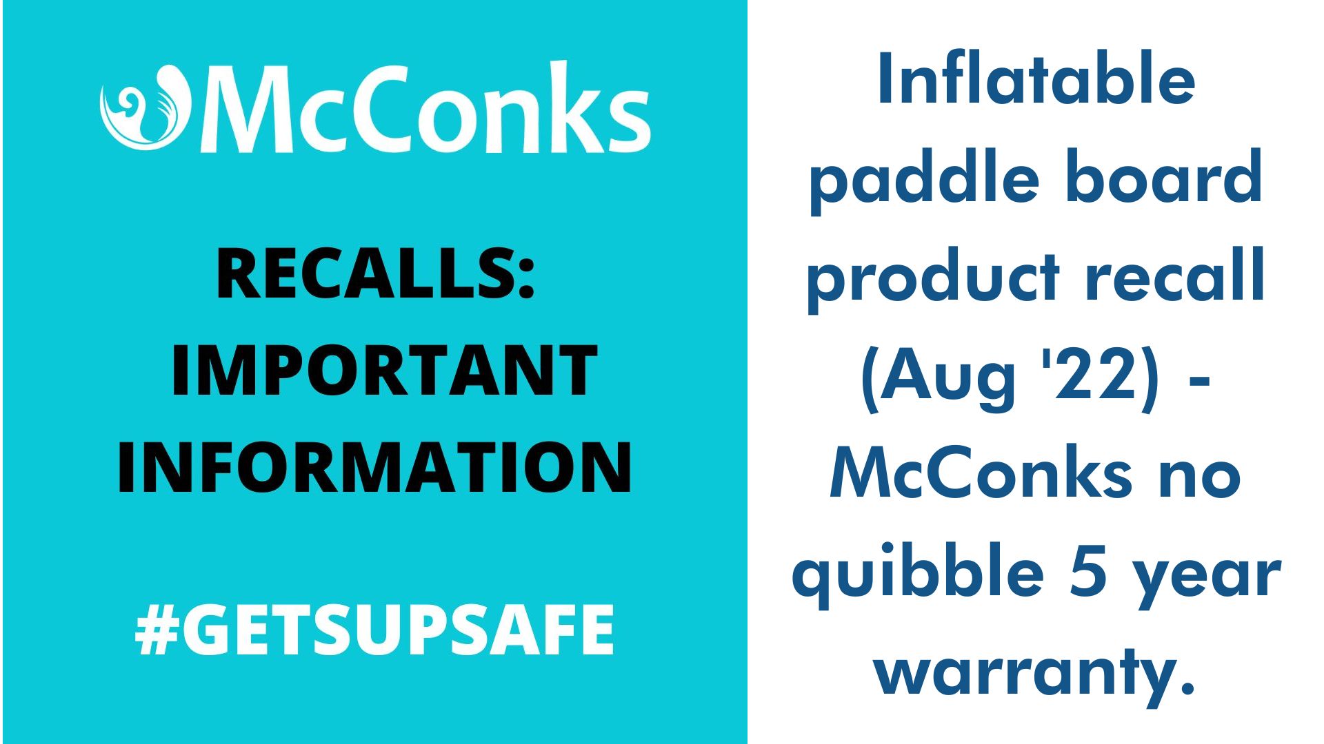 Read more about the article Inflatable paddle board product recall (Aug ’22) – But not McConks- McConks no quibble 5 year warranty.
