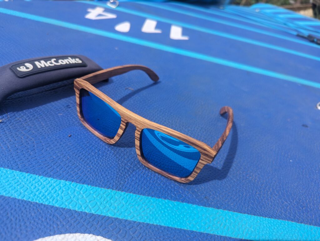Carsaig wooden polarised sunglasses | brown zebrawood frames | polarised mirror ice blue lenses